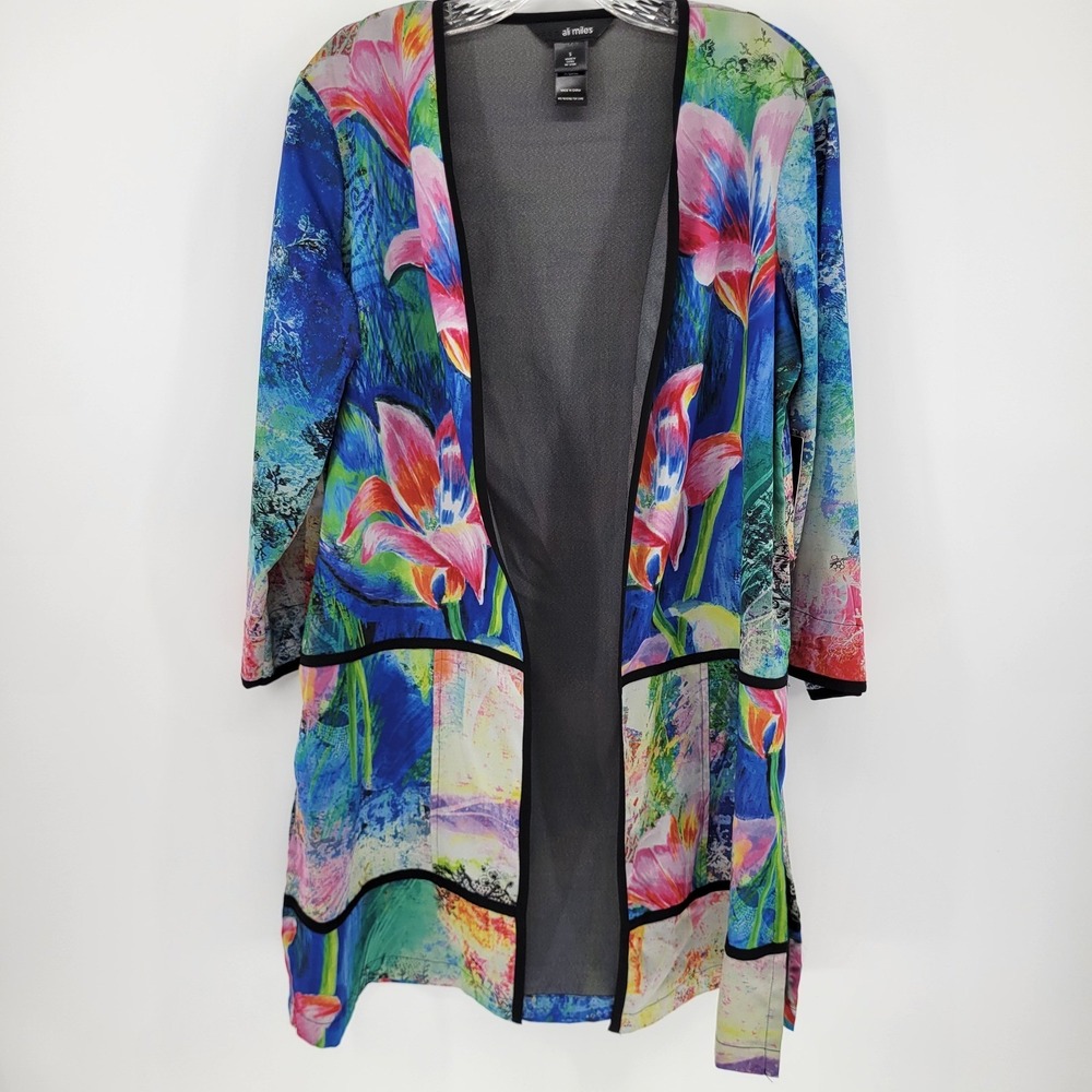 Ali Miles Floral Abstract Art Print Open Front Cardigan Jacket Blue Multi NEW S